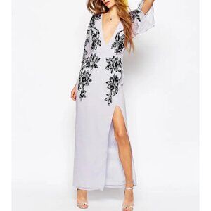 DESIGN floral embroidered maxi dress with a deep V-neck and a high side slit